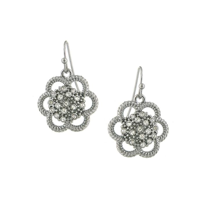 1928 Jewelry Silver-tone Crystal Flower Drop Earrings