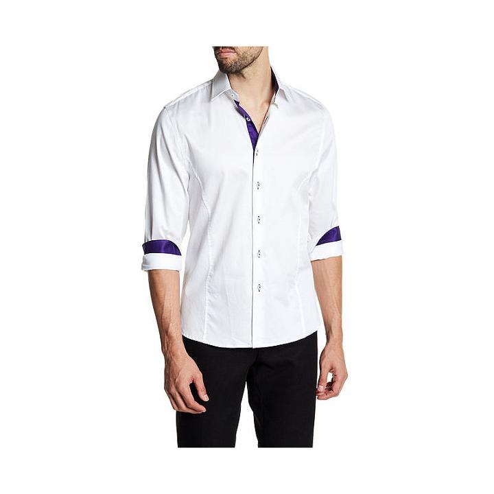 Tr Premium Solid White And Purple Contrast Slim Fit Dress Shirt