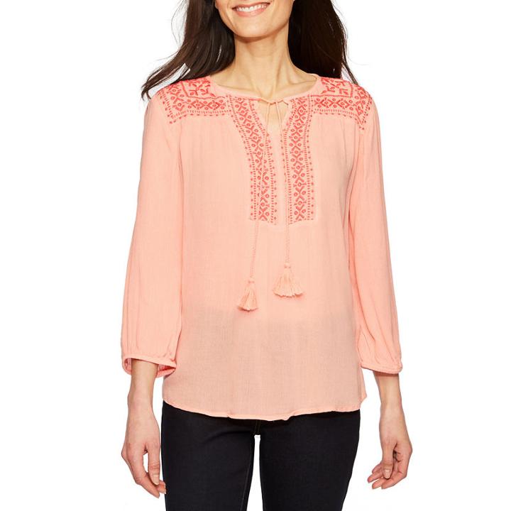St. John's Bay Embroidered Long Sleeve Fitted Sleeve Peasant Top