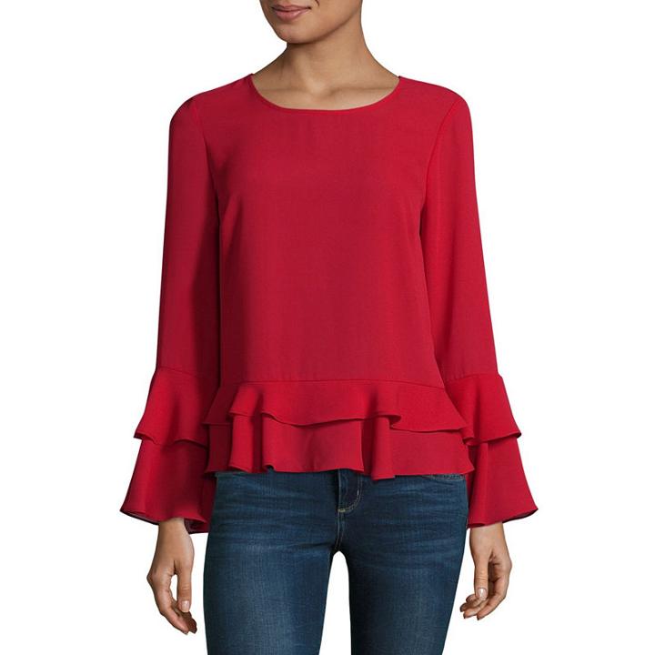A.n.a Ruffle Hem Long Sleeve Crew Neck Woven Blouse