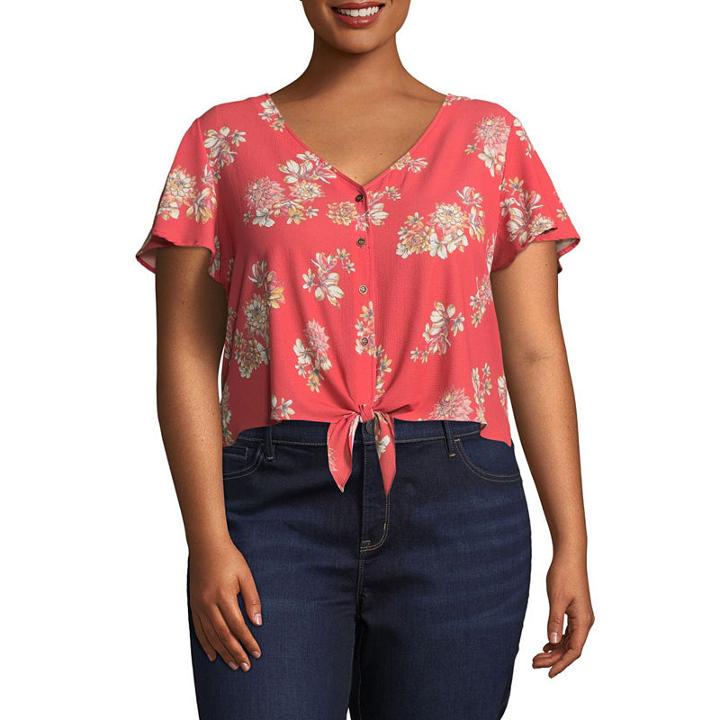 Arizona Short Sleeve V Neck Woven Floral Blouse-juniors Plus