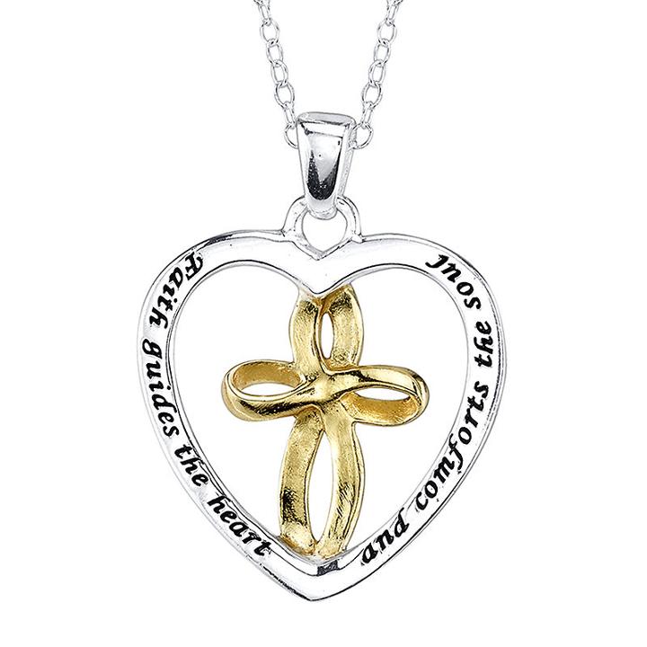 Footnotes Two-tone Sterling Silver Heart And Cross Pendant Necklace