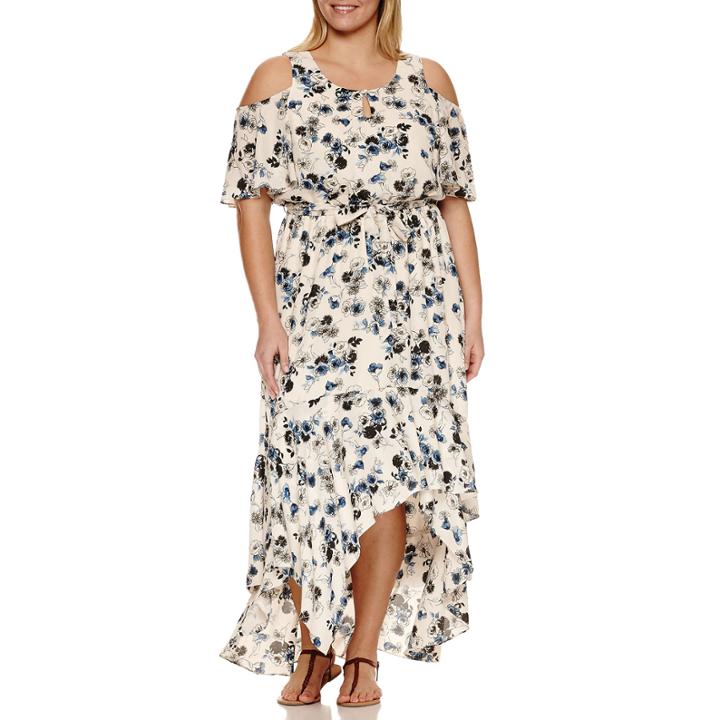 Luxology Elbow Sleeve Cold Shoulder Tie Waist Maxi Dress-plus