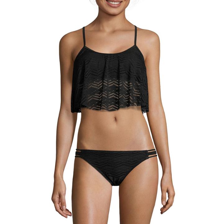 Arizona Mix & Match Black Crochet Midkini Flounce Swim Top - Juniors