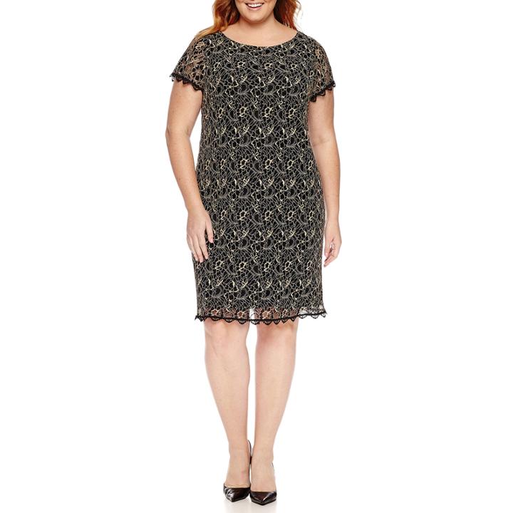 London Times Short Sleeve Lace Sheath Dress-plus