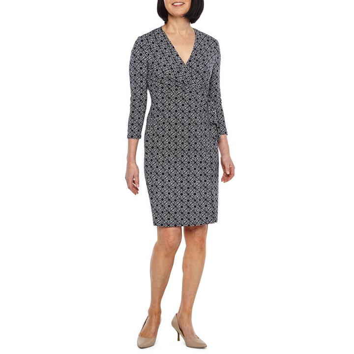 Black Label By Evan-picone 3/4 Sleeve Medallion Wrap Dress