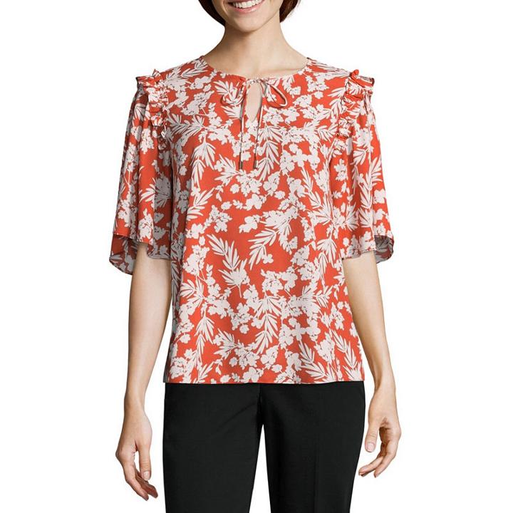 Worthington Elbow Sleeve Split Crew Neck Georgette Blouse