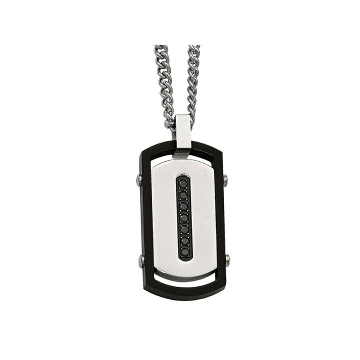 Mens Black Cubic Zirconia Stainless Steel & Black Ip Rim Dog Tag Pendant