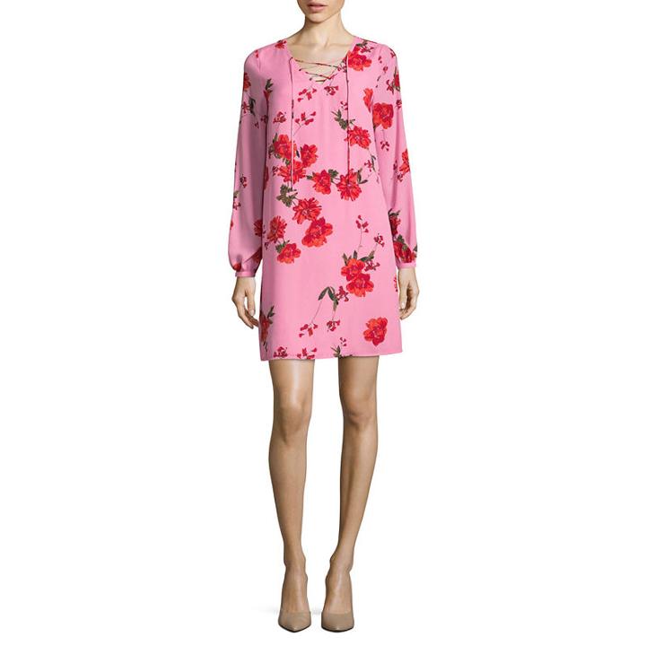 Worthington Long Sleeve Floral Lace Up Shift Dress