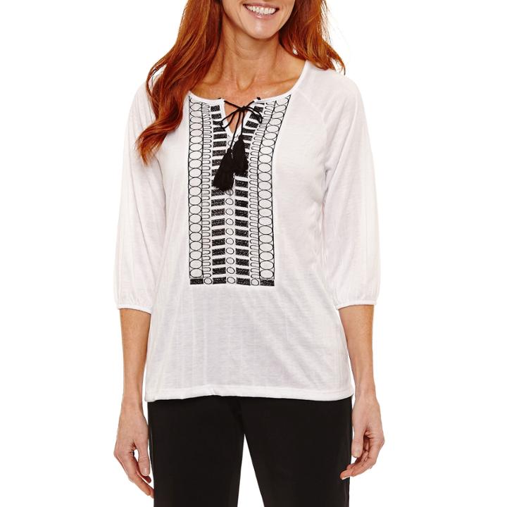 Sag Harbor Fiesta Embroidered 3/4 Sleeve Peasant Top