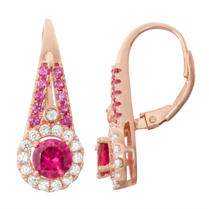 Lab-created Ruby & White Sapphire Diamond Accent 14k Rose Gold Over Silver Leverback Earrings