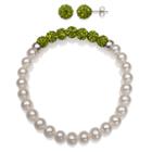 6-7mm Cultured Freshwater Pearl And 6mm Olive Lab Created Crystal Bead Sterling Silver Earring And Bracelet Set