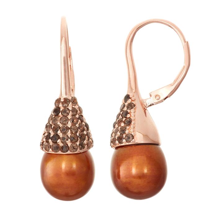 Chocolate Cultured Freshwater Pearl & Genuine Smoky Quartz 14k Rose Gold Over Silver Earrings