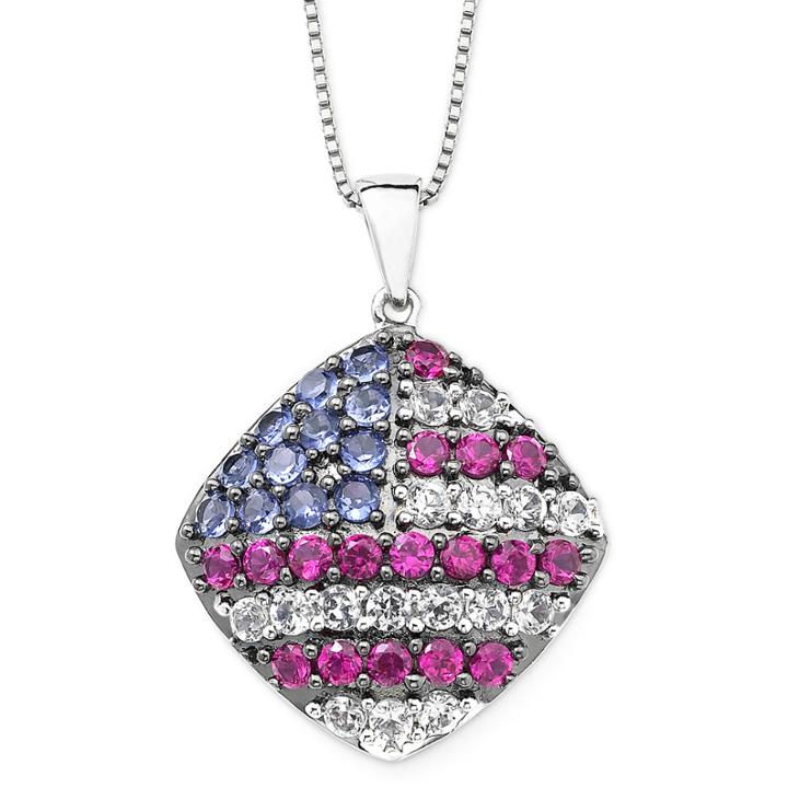 Lab-created Blue/white Sapphire & Ruby Usa Cushion Pendant Necklace