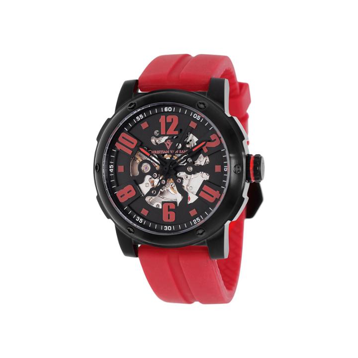 Christian Van Sant Skeleton Mens Black Dial Red Rubber Strap Watch