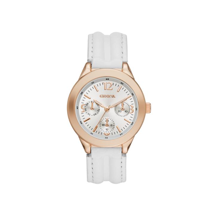 Geneva Womens Rose-tone Bezel White Strap Watch
