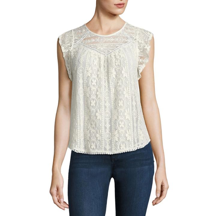 Rewind Short Sleeve Round Neck Lace Blouse-juniors