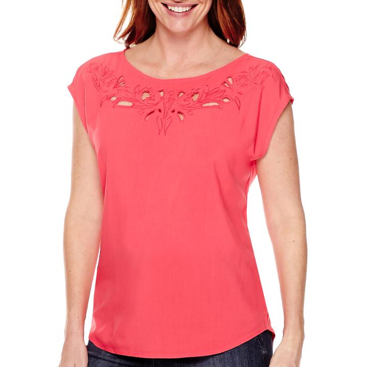 Liz Claiborne Cap-sleeve Embroidered Cut-out Yoke Top - Petite