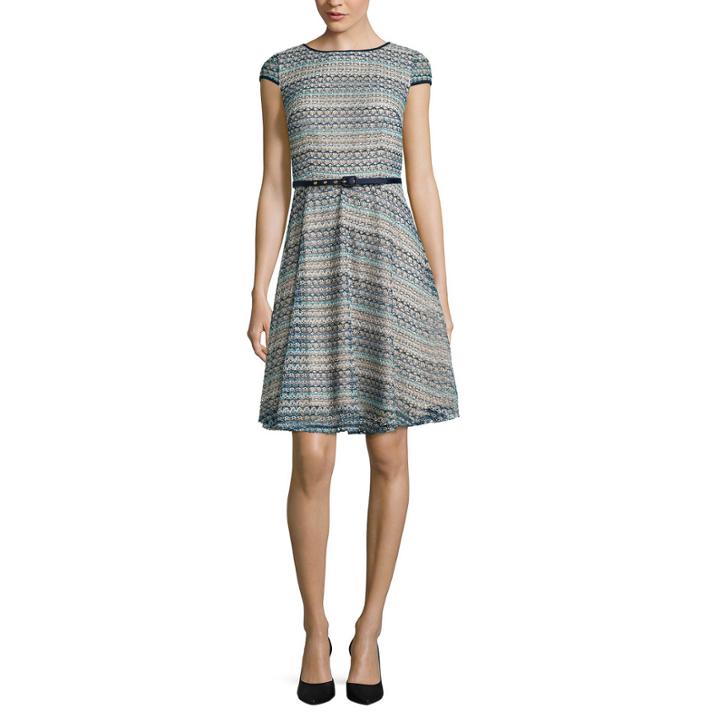 R & K Originals Short-sleeve Crochet Lace Belted Fit-and-flare Dress