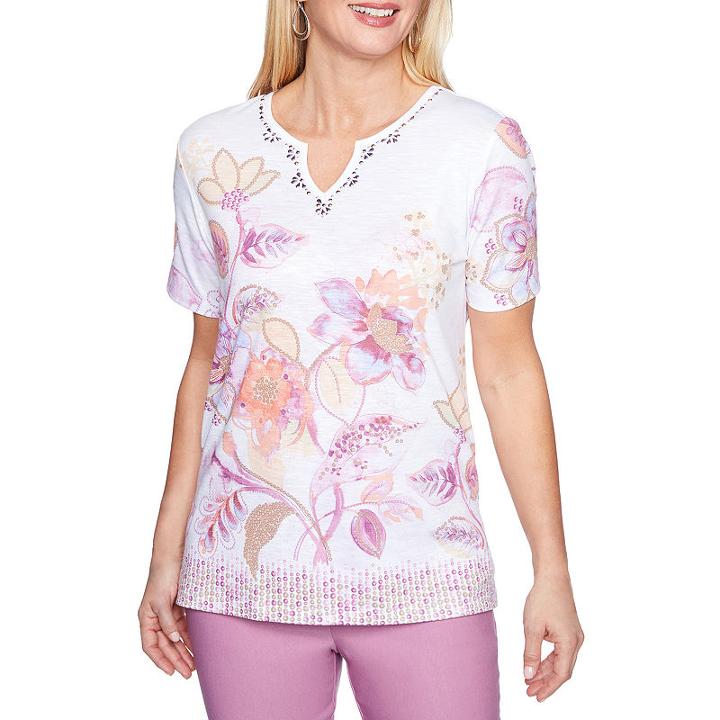 Alfred Dunner Los Cabos Short Sleeve V Neck Floral T-shirt-womens