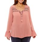 Unity World Wear Long Sleeve Flounce Embroidered Peasant Blouse-plus