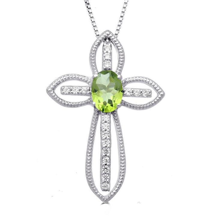 Womens Genuine Green Peridot Cross Pendant Necklace