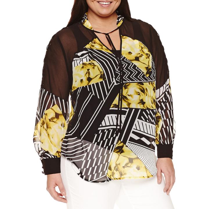 Bisou Bisou Long Sleeve V Neck Woven Patchwork Blouse-plus
