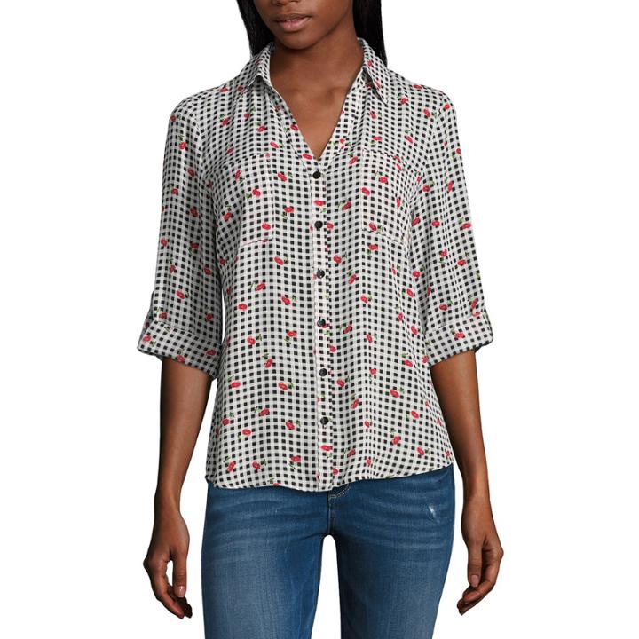 By & By Elbow Sleeve Collar Neck Dobby Gingham Blouse-juniors