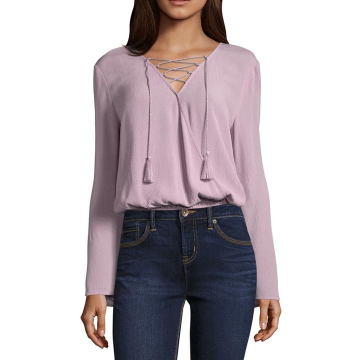 Arizona Long Sleeve Crew Neck Woven Blouse-juniors