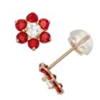 Round Red Cubic Zirconia 10k Gold Stud Earrings