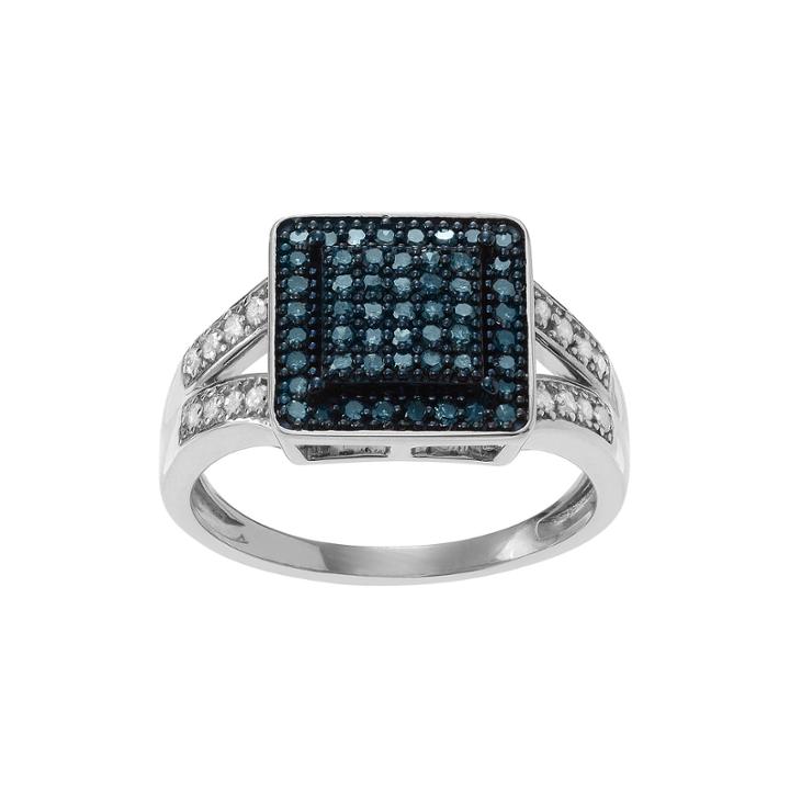 1/3 Ct. T.w. White & Color-enhanced Blue Diamond Sterling Silver Square Ring