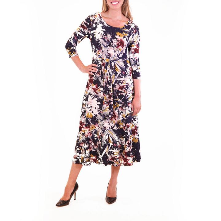 Nina Leonard Printed Midi Dress With Self Belt