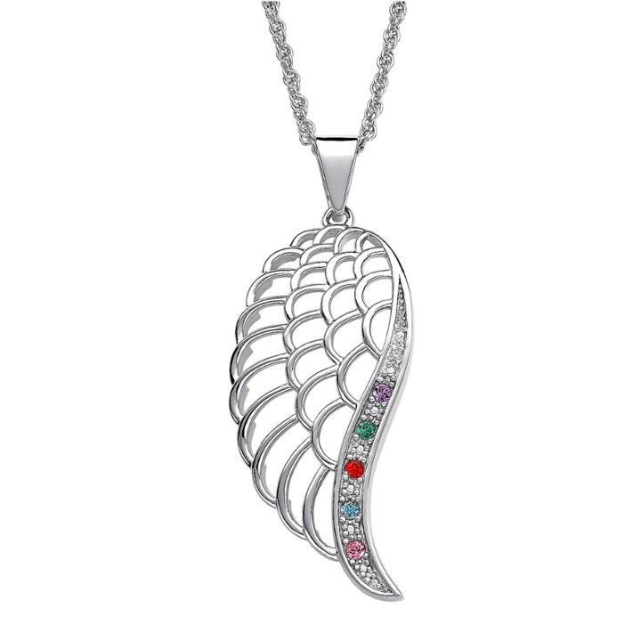 Personalized Family Birthstone Angel Wing Pendant Necklace