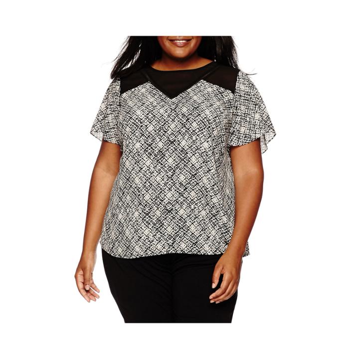 Worthington Flutter Sleeve Mesh Detail Blouse - Plus