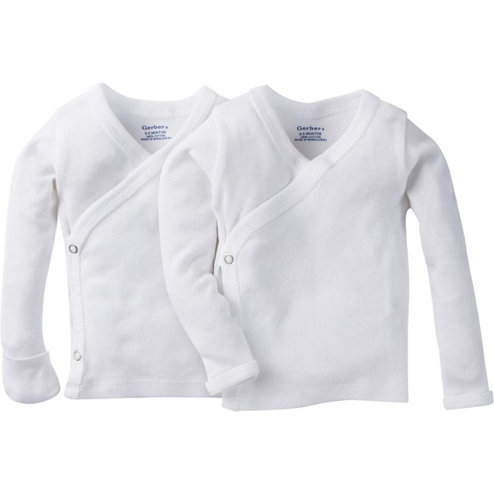 Gerber 2 Pack Long Sleeve White Side Snap Shirt With Mitten Cuff