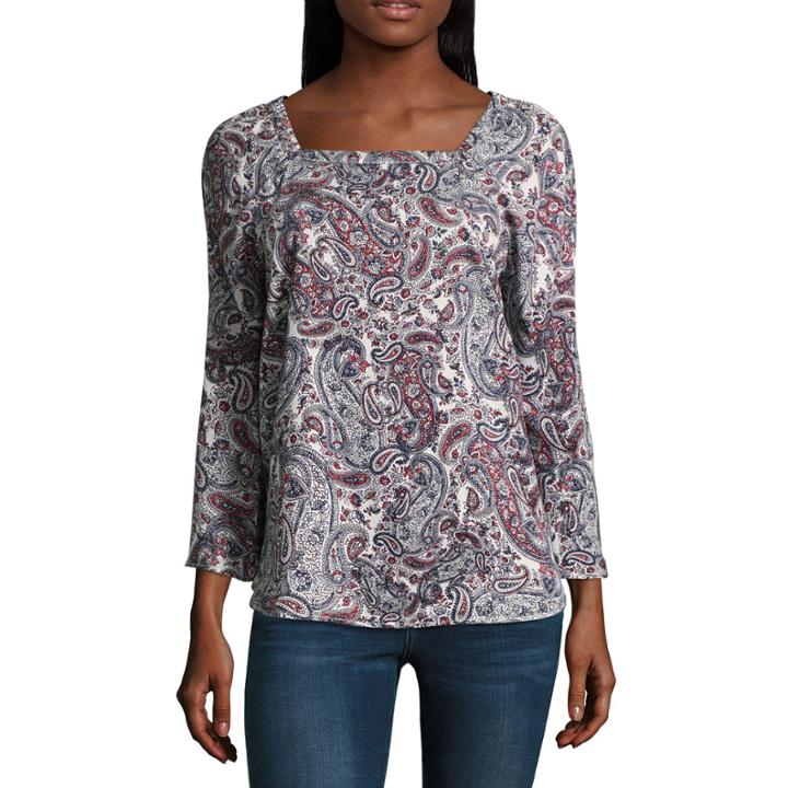 Liz Claiborne 3/4 Sleeve Square Neck Knit Floral Blouse
