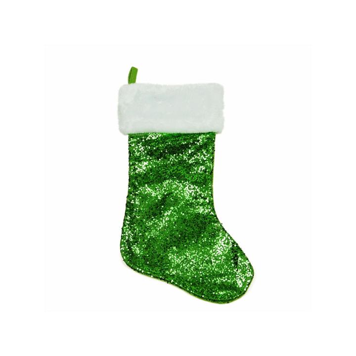 18 Shiny Metallic Green Sequined Christmas Stocking With White Faux Fur Cuff