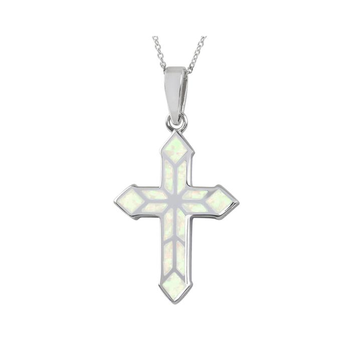 Simulated White Opal Sterling Silver Cross Pendant Necklace