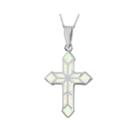Simulated White Opal Sterling Silver Cross Pendant Necklace