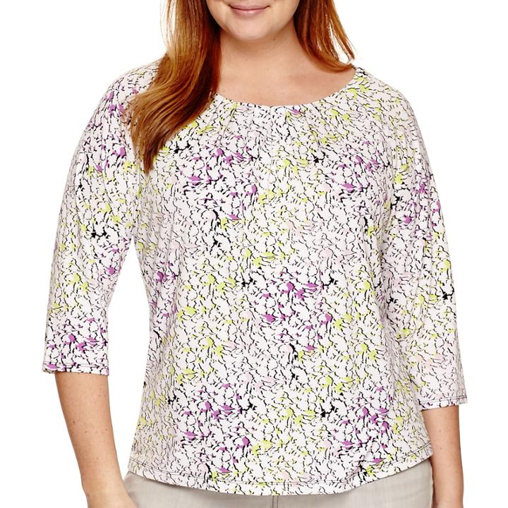Liz Claiborne 3/4-sleeve Pleat-neck Keyhole Top - Plus