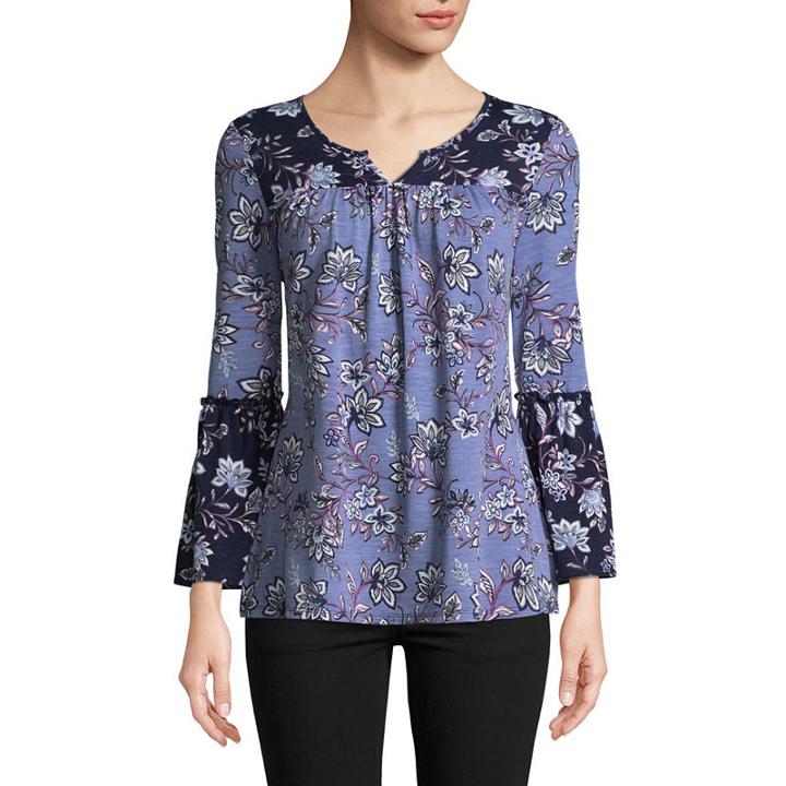 Como Blu Long Sleeve Split Crew Neck Knit Ruffled Blouse