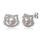 White Cultured Freshwater Pearls Sterling Silver 11.6mm Round Hello Kitty Stud Earrings