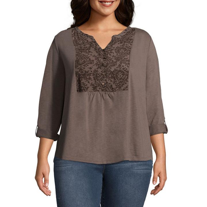 St. John's Bay 3/4 Sleeve Mixed Media Popover - Plus