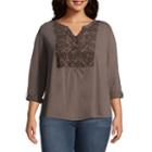 St. John's Bay 3/4 Sleeve Mixed Media Popover - Plus