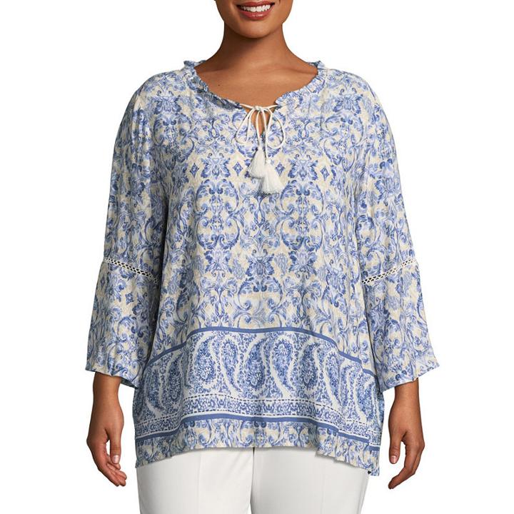 Lark Lane Play The Blues Paisley Border Print Top- Plus