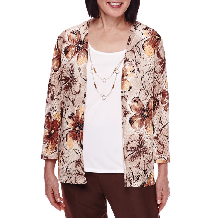 Alfred Dunner 3/4-sleeve Leaf-print Layered Top With Necklace