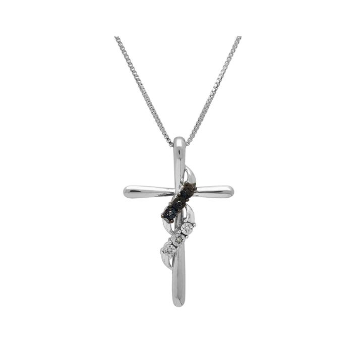 White And Color-enhanced Black Diamond-accent Sterling Silver Cross Pendant Necklace
