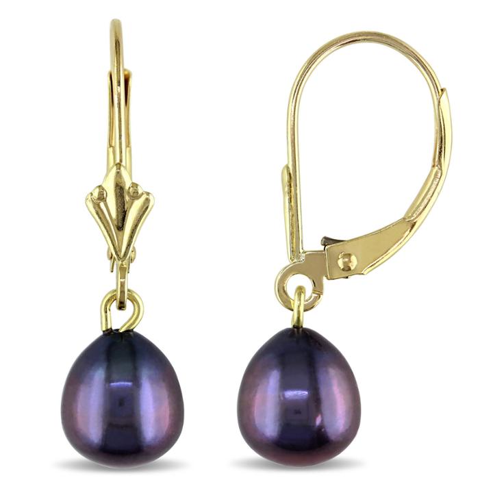 Cultured Black Rice Pearl 10k Yellow Gold Freshwater Fleur-de-lis Leverback Earrings