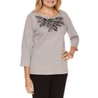 Alfred Dunner Casual Friday 3/4 Sleeve Embroidery Detail Top