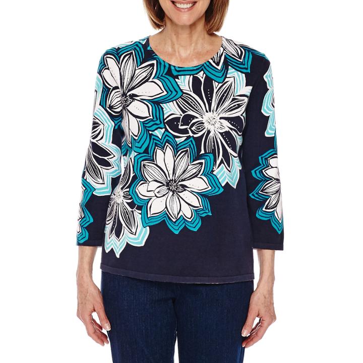 Alfred Dunner Scenic Route 3/4 Sleeve Crew Neck Floral Pullover Sweater-petites